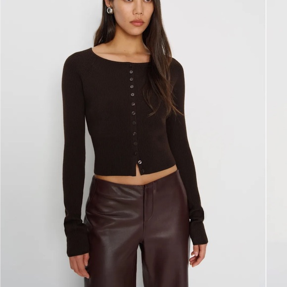 Reformation Tops - Ribbed Button-Front Crop Cardigan in Dark Brown